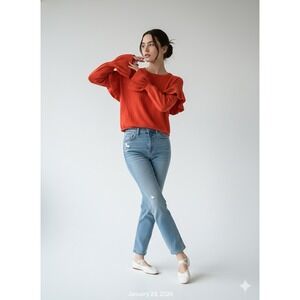 RENVY Red/Orange Ruffle Sleeve Knit Sweater Balletcore Coquette Crop Top Small